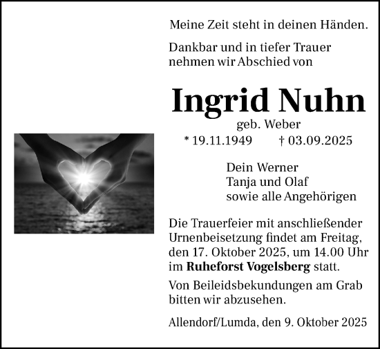 Traueranzeige von Ingrid Nuhn von Allendorfer Mitteilungen