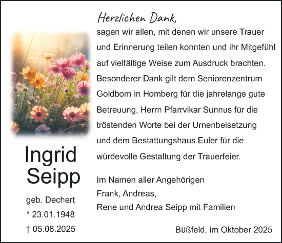 Traueranzeige von Ingrid Seipp von Oberhessische Zeitung, Alsfelder Allgemeine