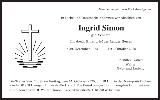Traueranzeige von Ingrid Simon von Usinger Anzeiger