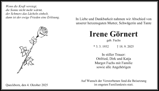 Traueranzeige von Irene Görnert von Giessener Allgemeine, Alsfelder Allgemeine