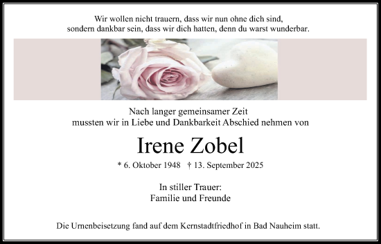 Traueranzeige von Irene Zobel von Wetterauer Zeitung