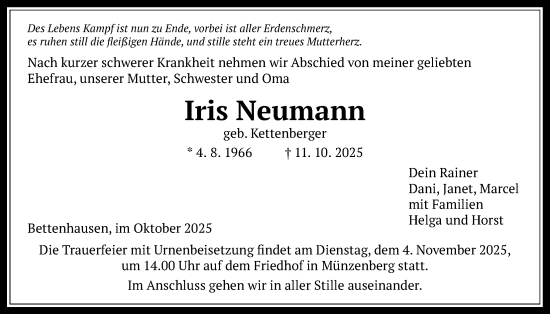 Traueranzeige von Iris Neumann von Licher Wochenblatt