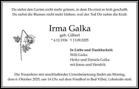 Traueranzeige von Irma Galka von Bad Vilbel/Karben