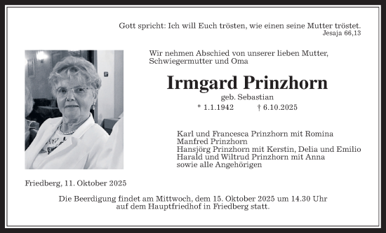 Traueranzeige von Irmgard Prinzhorn von Wetterauer Zeitung