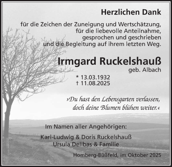 Traueranzeige von Irmgard Ruckelshauß von Oberhessische Zeitung, Alsfelder Allgemeine