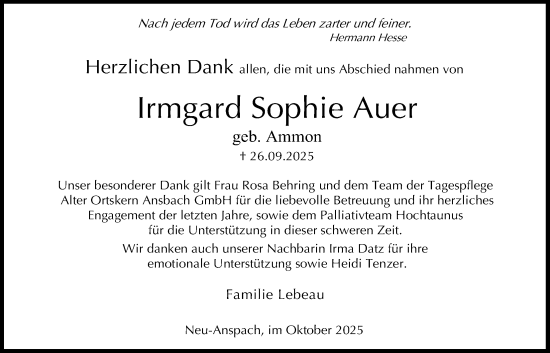 Traueranzeige von Irmgard Sophie Auer von Usinger Anzeiger