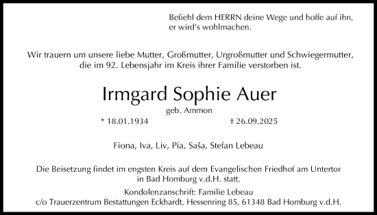 Traueranzeige von Irmgard Sophie Auer von Usinger Anzeiger