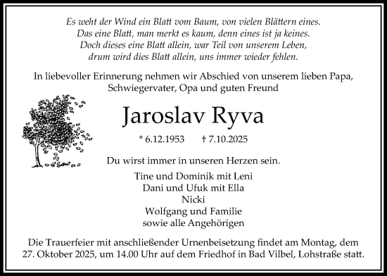 Traueranzeige von Jaroslav Ryva von Bad Vilbel/Karben