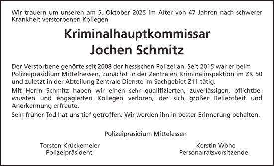 Traueranzeige von Jochen Schmitz von Giessener Anzeiger
