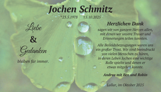 Traueranzeige von Jochen Schmitz von Giessener Allgemeine, Alsfelder Allgemeine, Giessener Anzeiger
