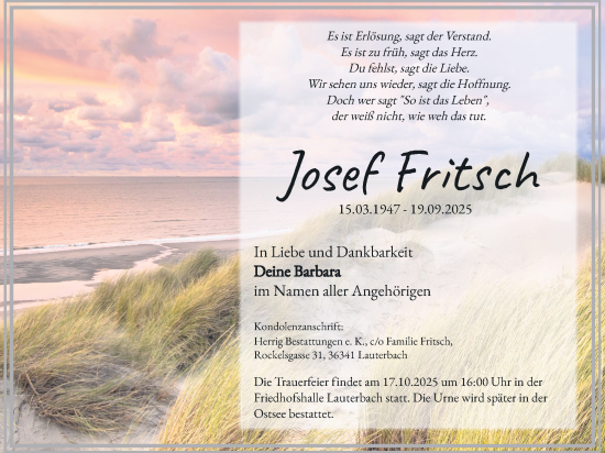 Traueranzeige von Josef Fritsch von Oberhessische Zeitung