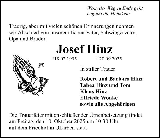 Traueranzeige von Josef Hinz von Bad Vilbel/Karben, Wetterauer Zeitung