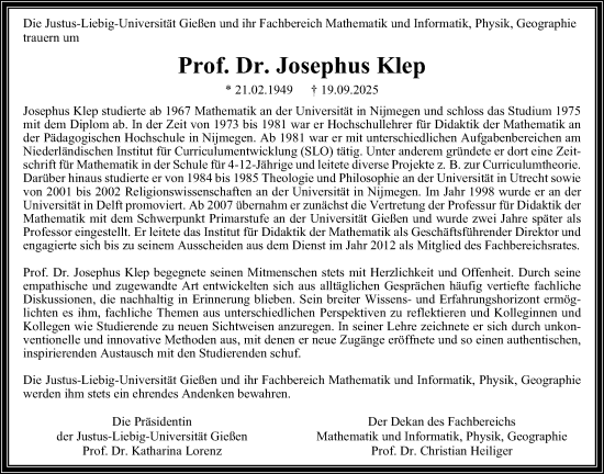 Traueranzeige von Josephus Klep von Giessener Allgemeine, Alsfelder Allgemeine, Giessener Anzeiger