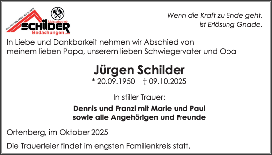 Traueranzeige von Jürgen Schilder von Kreis-Anzeiger