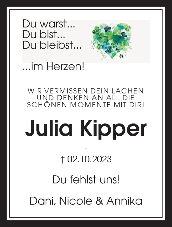 Traueranzeige von Julia Kipper von Kreis-Anzeiger