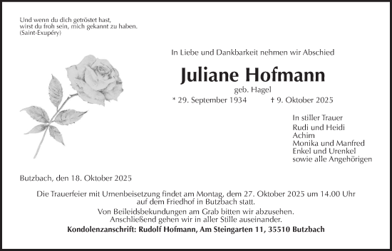 Traueranzeige von Juliane Hofmann von Butzbacher Zeitung