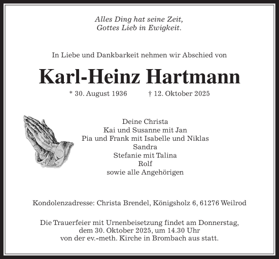 Traueranzeige von Karl-Heinz Hartmann von Usinger Anzeiger, Usinger Anzeiger, Usinger Anzeigenblatt
