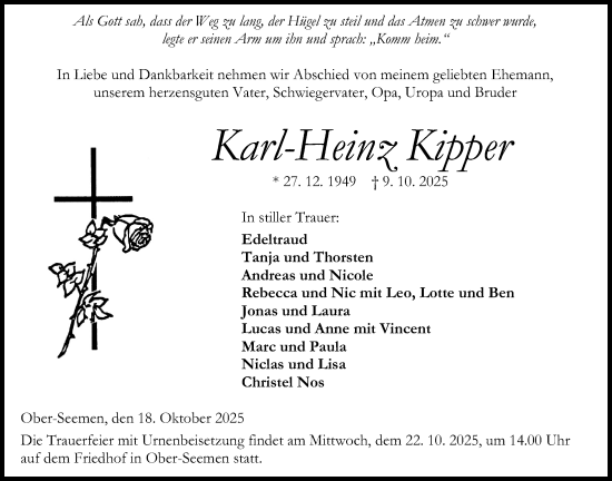 Traueranzeige von Karl-Heinz Kipper von Kreis-Anzeiger