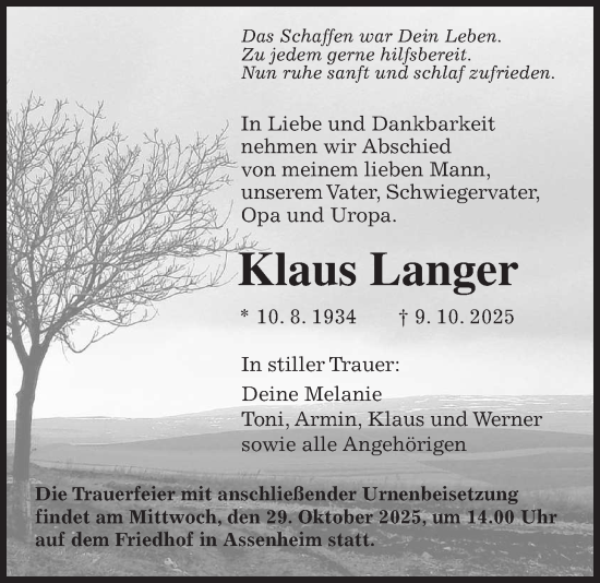 Traueranzeige von Klaus Langer von Wetterauer Zeitung