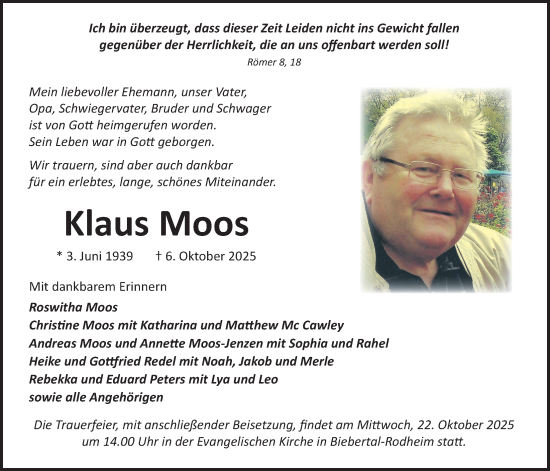 Traueranzeige von Klaus Moos von Giessener Allgemeine, Alsfelder Allgemeine, Giessener Anzeiger