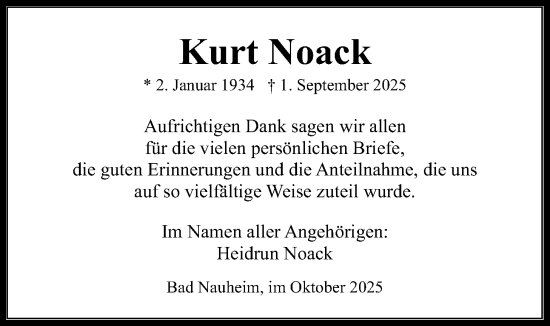Traueranzeige von Kurt Noack von Wetterauer Zeitung