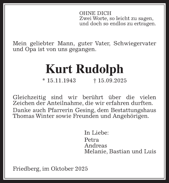 Traueranzeige von Kurt Rudolph von Wetterauer Zeitung
