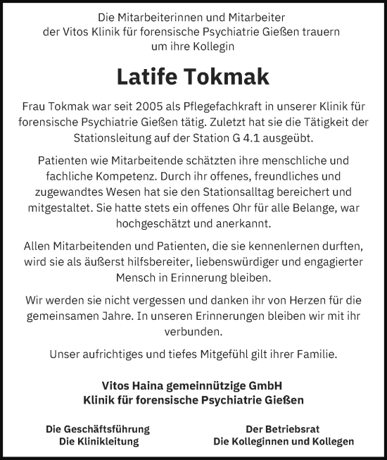 Traueranzeige von Latife Tokmak von Giessener Allgemeine, Alsfelder Allgemeine
