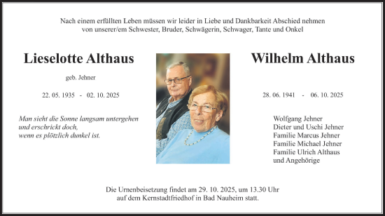 Traueranzeige von Lieselotte Althaus von Wetterauer Zeitung