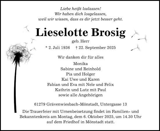 Traueranzeige von Lieselotte Brosig von Usinger Anzeigenblatt