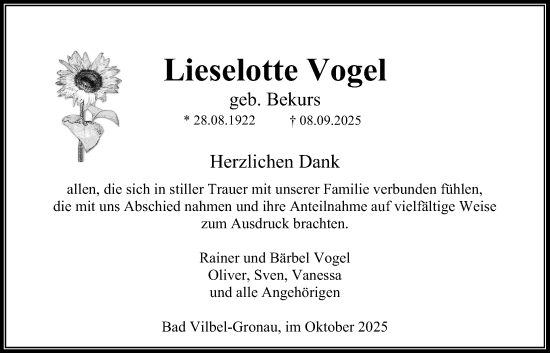 Traueranzeige von Lieselotte Vogel von Bad Vilbel/Karben