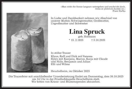 Traueranzeige von Lina Spruck von Giessener Allgemeine, Alsfelder Allgemeine, Giessener Anzeiger