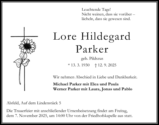Traueranzeige von Lore Hildegard Parker von Oberhessische Zeitung