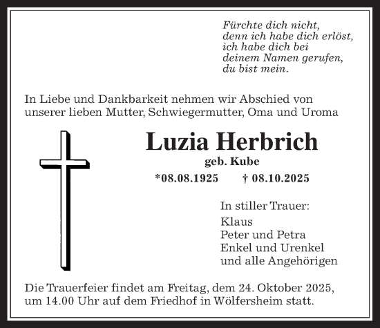 Traueranzeige von Luzia Herbrich von Wetterauer Zeitung