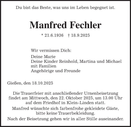 Traueranzeige von Manfred Fechler von Giessener Allgemeine, Alsfelder Allgemeine