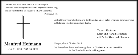 Traueranzeige von Manfred Hofmann von Licher Wochenblatt