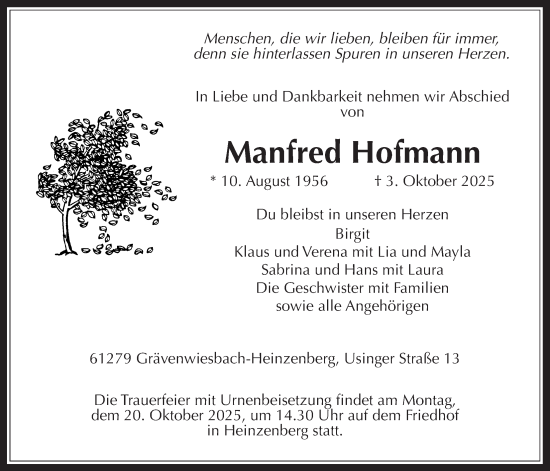 Traueranzeige von Manfred Hofmann von Usinger Anzeigenblatt