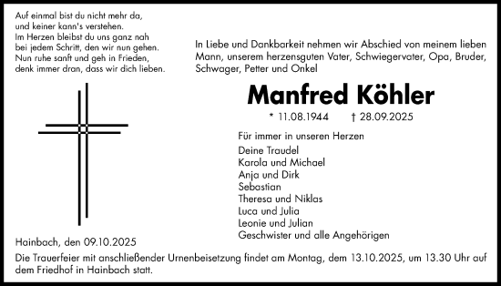 Traueranzeige von Manfred Köhler von Oberhessische Zeitung, Alsfelder Allgemeine