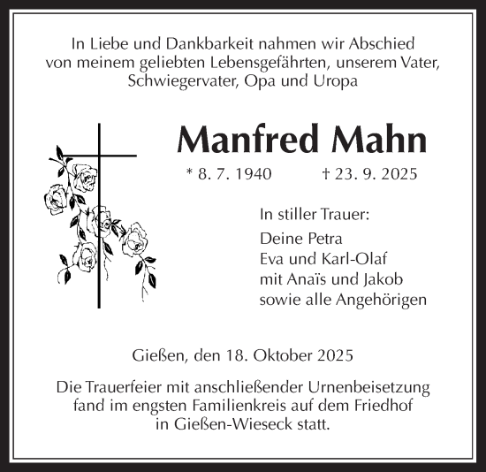 Traueranzeige von Manfred Mahn von Giessener Allgemeine, Alsfelder Allgemeine