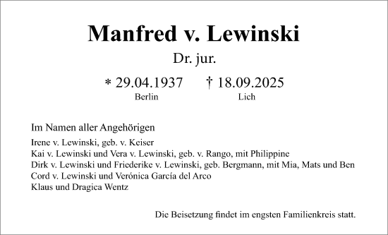 Traueranzeige von Manfred v. Lewinski von Giessener Allgemeine, Alsfelder Allgemeine