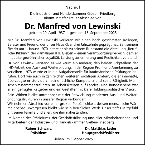 Traueranzeige von Manfred von Lewinski von Wetterauer Zeitung, Giessener Allgemeine, Alsfelder Allgemeine, Butzbacher Zeitung