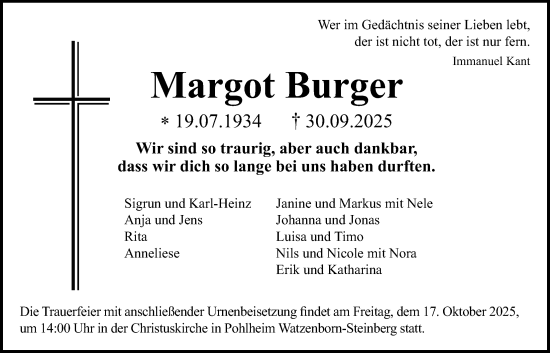 Traueranzeige von Margot Burger von Giessener Allgemeine, Alsfelder Allgemeine