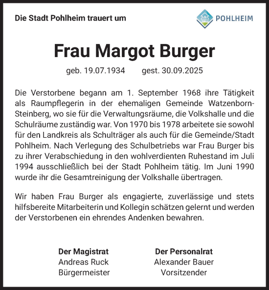 Traueranzeige von Margot Burger von Pohlheimer Nachrichten