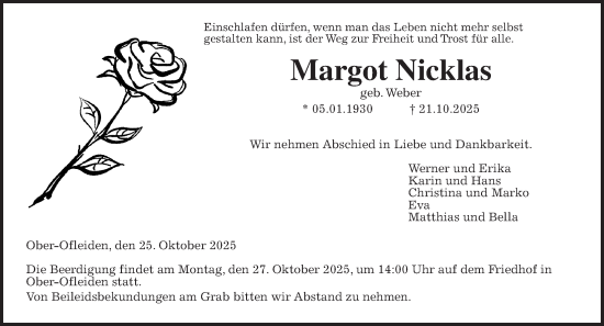 Traueranzeige von Margot Nicklas von Alsfelder Allgemeine, Oberhessische Zeitung