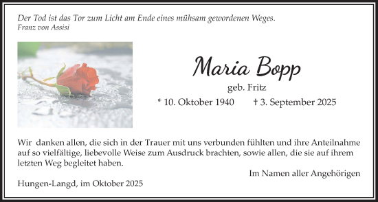 Traueranzeige von Maria Bopp von Licher Wochenblatt