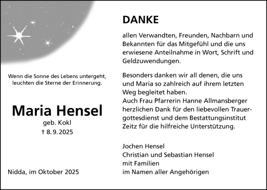 Traueranzeige von Maria Hensel von Kreis-Anzeiger