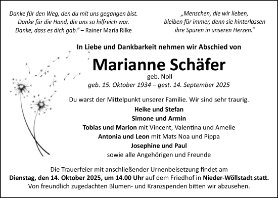 Traueranzeige von Marianne Schäfer von Wetterauer Zeitung