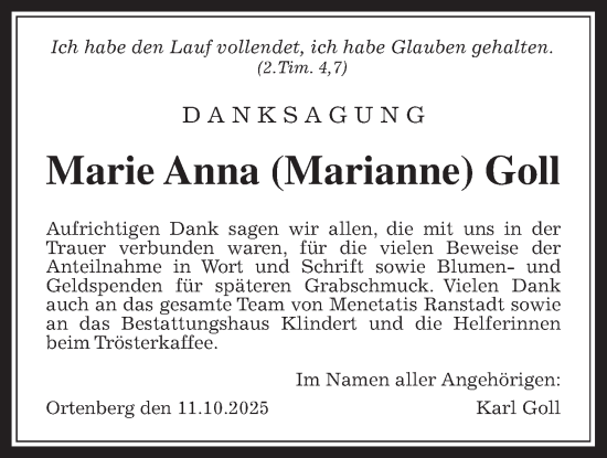 Traueranzeige von Marie Anna Goll von Kreis-Anzeiger