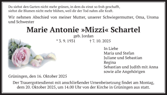 Traueranzeige von Marie Antonie Schartel von Pohlheimer Nachrichten