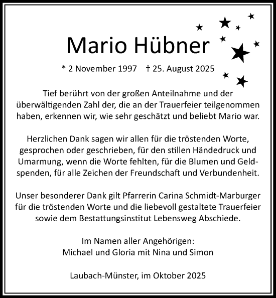 Traueranzeige von Mario Hübner von Giessener Allgemeine, Alsfelder Allgemeine