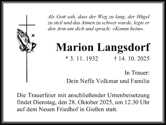 Traueranzeige von Marion Langsdorf von Giessener Allgemeine, Alsfelder Allgemeine, Giessener Anzeiger